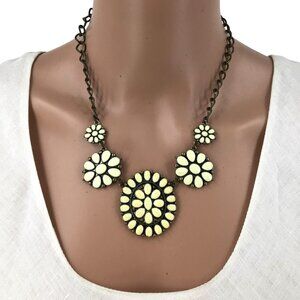 Flower Statement Necklace Antique Gold Tone Cream Enamel Adjustable Length